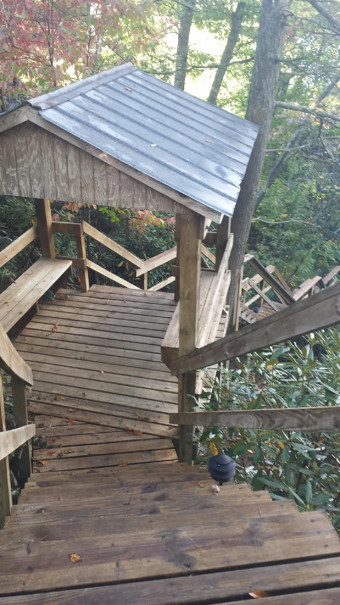 Metal roofed shelter over wooden steps on a wooded walkway — Skylight Repair & Installation work by our crew in Whittaker